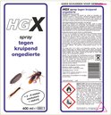 Spuitbus met groot HGX logo, tekst 'spray tegen kruipend ongedierte' en gedetailleerde afbeeldingen van een pissebed, kakkerlak en duizendpoot.