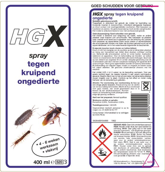Spuitbus met groot HGX logo, tekst 'spray tegen kruipend ongedierte' en gedetailleerde afbeeldingen van een pissebed, kakkerlak en duizendpoot.