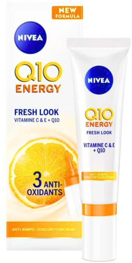 NIVEA Q10 Energy oogcontourcrème met vitamine C & E. Verpakking toont een halve sinaasappel en de tekst "NEW FORMULA".