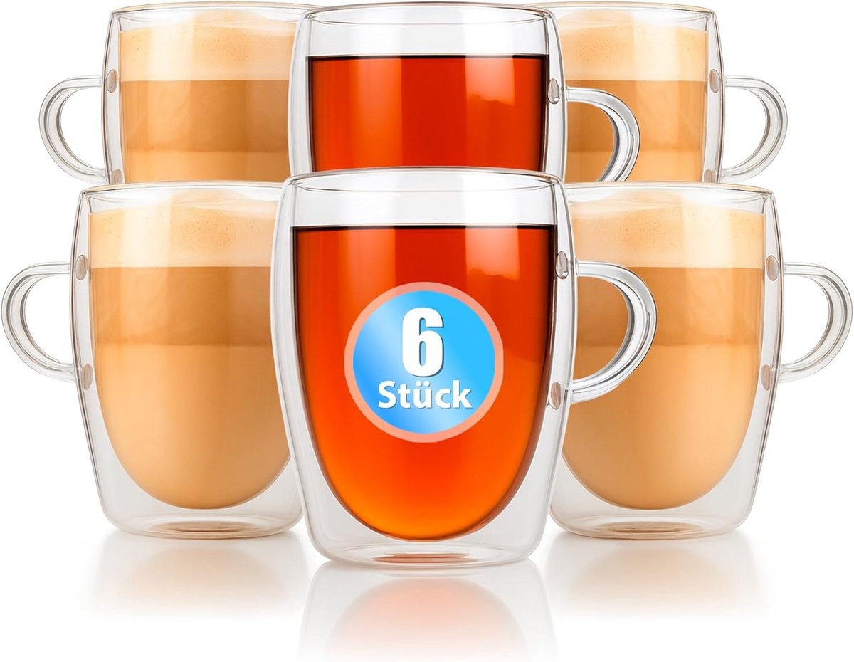 Set van 6 Dubbelwandige Latte Macchiato Glazen met Hendel, 300 ml