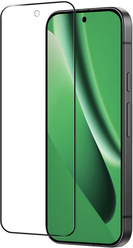 Schermprotector naast een telefoon met groene achtergrond.
