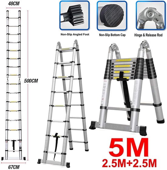Telescopische Aluminium Ladder 5 Meter met 16 Treden, 150 kg Belasting ...