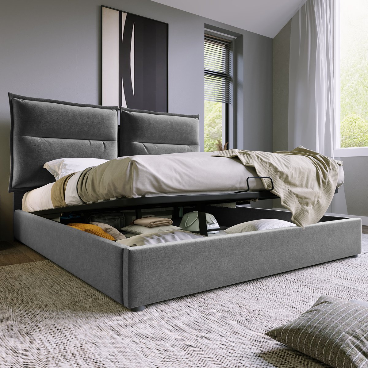 MODFU - Bedframe 140x200 cm – Grijs velvet met verstelbaar hoofdbord & hydraulisch