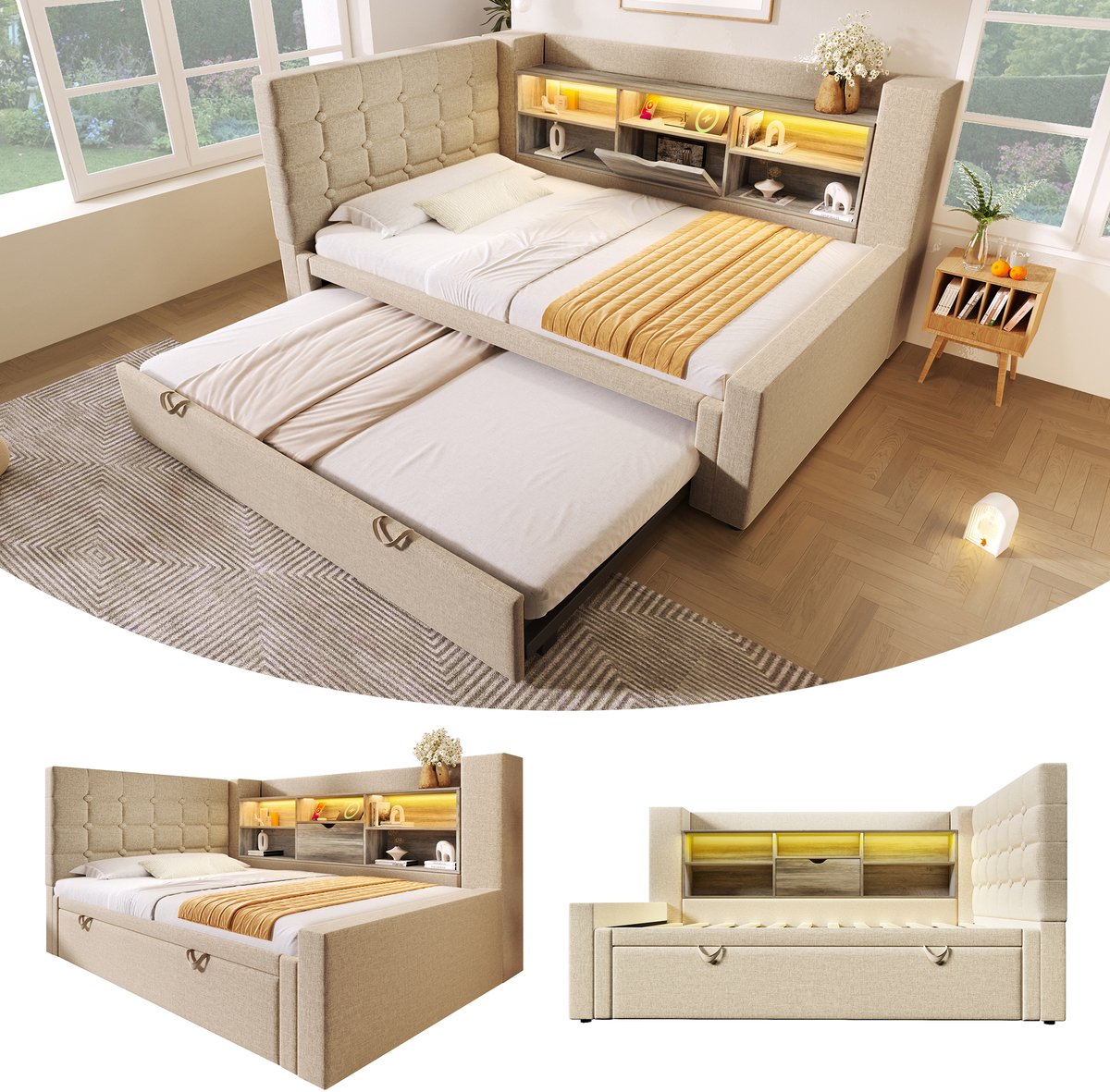 Merax Slaapbank 90x200 cm met lade - met uitschuifbaar bed en LED-licht - L-vormig hoofdeinde met opbergruimte - beige - zonder matras