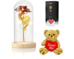 Luxe Roos in Glas met LED + Pluche Beer – Gouden Roos in Glazen Stolp - Moederdag Cadeau - Valentijn - Cadeautje - Bekend van Beauty and the Beast - Cadeau voor vriendin moeder haar - Lichte Voet - Qwality