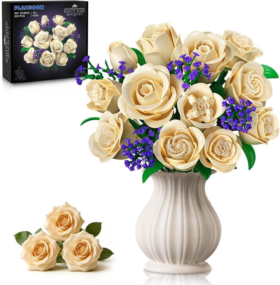 PLAXSOON Champagne Rozen Boeket Bouw Spleegoed - 523 Delen Met LED Licht Bouwsets - Verjaardag Cadeau Bouwpakket voor Haar Kinderen 12 +