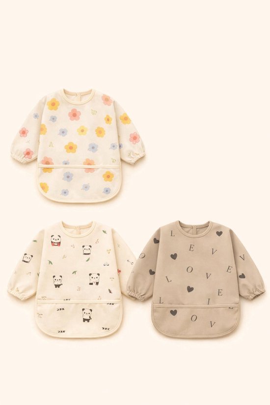 AliRose – Set complet de 4 vestes imperméables pour aliments et loisirs créatifs | 2 variantes flexibles + 2 variantes robustes | Manches longues | AMOUR + Panda + Dino + Fleurs | Bavoirs anti-déversement ultimes pour une utilisation quotidienne