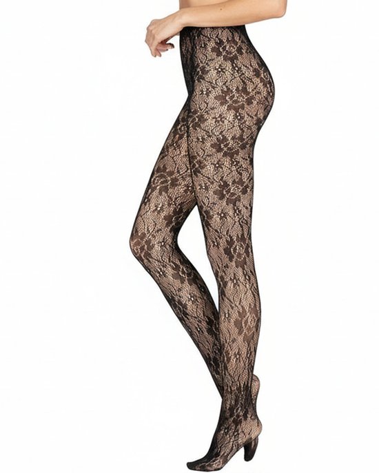Caresse Panty Floral Lace - Panty résille en dentelle avec motif floral - Noir
