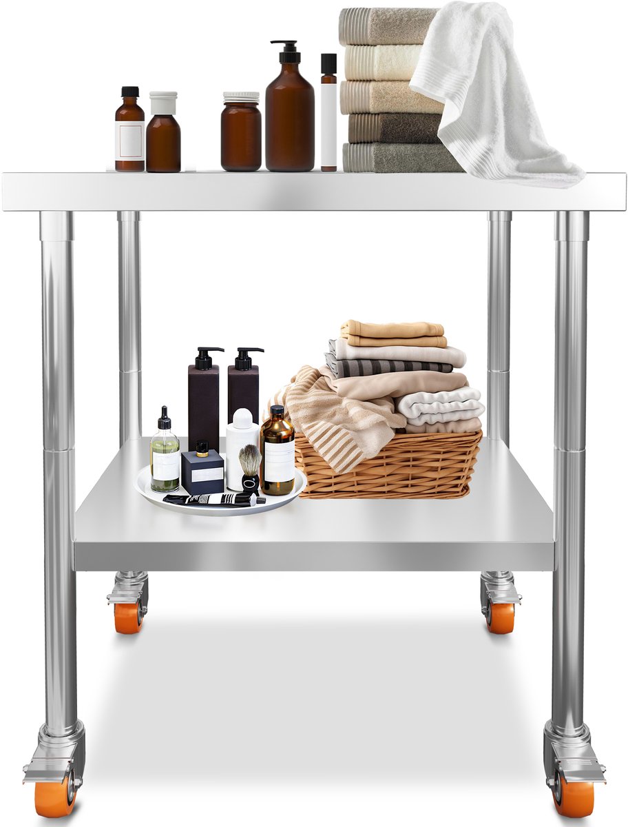Aufun werktafel van roestvrij staal – 76 x 46 x 85 cm – met 4 wielen – professionele keukenwerkbank – voor restaurants en scholen