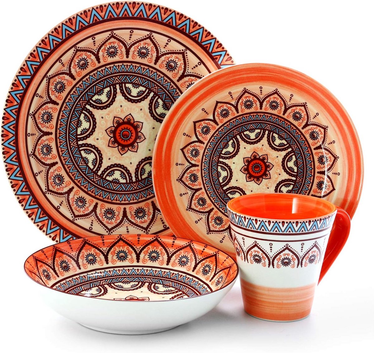 Rustieke Mozaïek Servies Set met Mandala Patroon - Stoneware Aardewerk, Multicolor