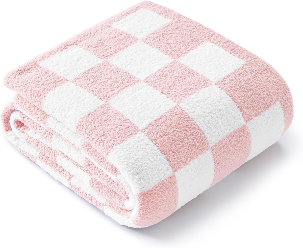 Warme Geruite Fleece Plaid Deken - Ultra Zacht en Reversibel voor Bank en Bed - 220x240 cm - Roze