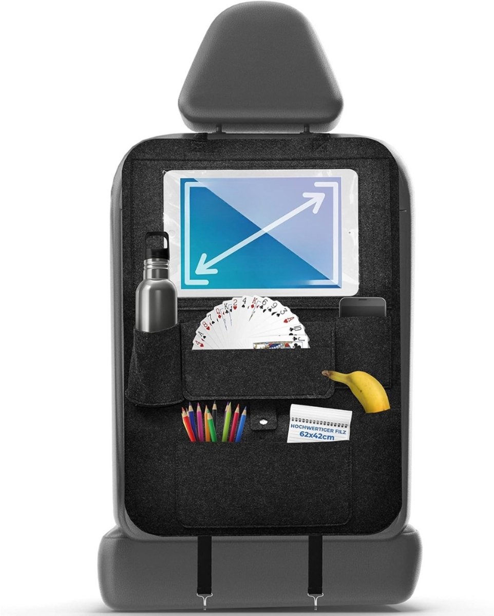 Famanu Autoorganizer voor kinderen - met grote tablethouder en touch-functie - eenvoudige bevestiging aan elke stoel - 1 stuk - rugleuningbescherming van extra dik vilt - organizer voor opslag en bescherming Donkergrijs