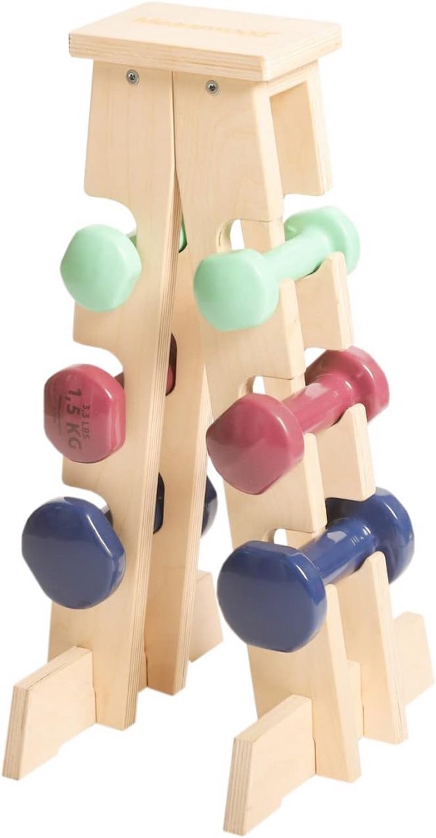 Dumbbell Standaard voor Thuis met 6 Gewichten - Houten Frame tot 70 kg
