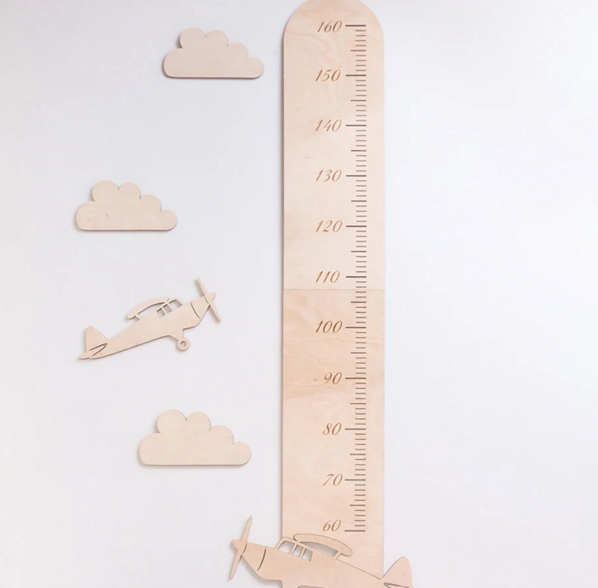 Houten groeimeter met vliegtuigen en wolken, meetlat voor kinderen met houten vliegtuigen voor de kinderkamer, lengtemeting voor kinderen/kinderkamer/babykamer/wanddecoratie/