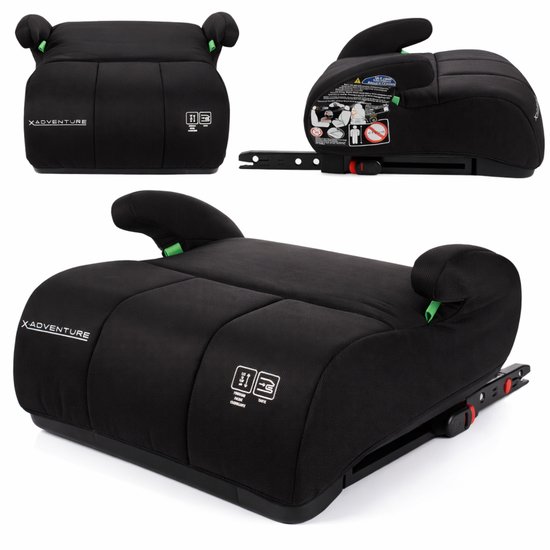 Zwarte Xadventure zitverhoger met Isofix, met groene accenten, op drie manieren gefotografeerd.