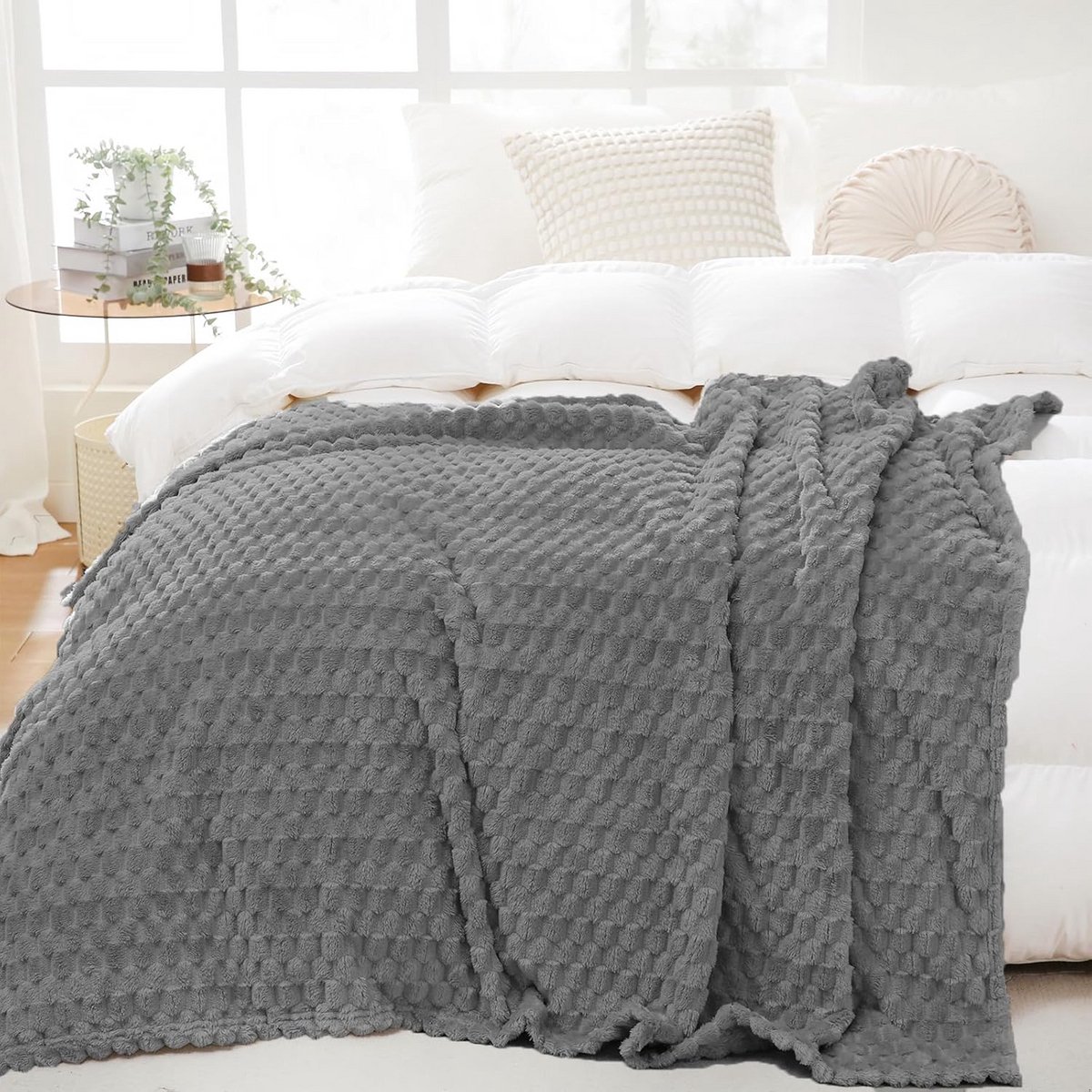 Fleece Plaid - Woonplaid Deken - Bank decoreren - 3D Jacquard Patroon - 35cm x 90cm - Grijs