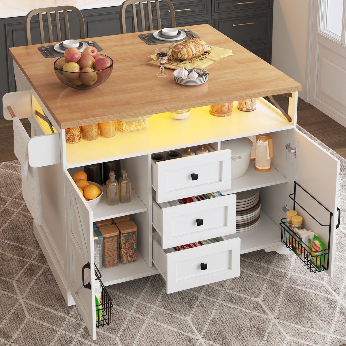 OKWISH Keukentrolley - Uitschuifbaar En Opklapbaar Werkblad - Appgestuurde Ledverlichting - Met Opbergruimte - MDF Wit - 120x43 71,5x98 Cm