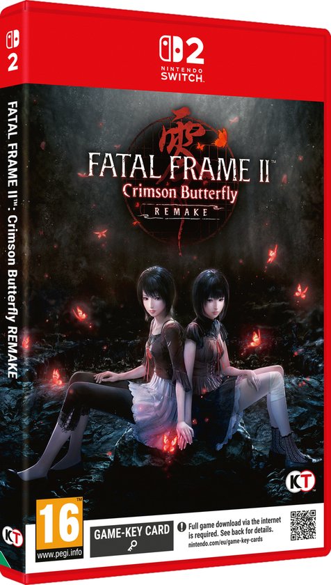 Nintendo Switch-spelcover 'Fatal Frame II: Crimson Butterfly Remake' met twee jonge vrouwen en rode vlinders.