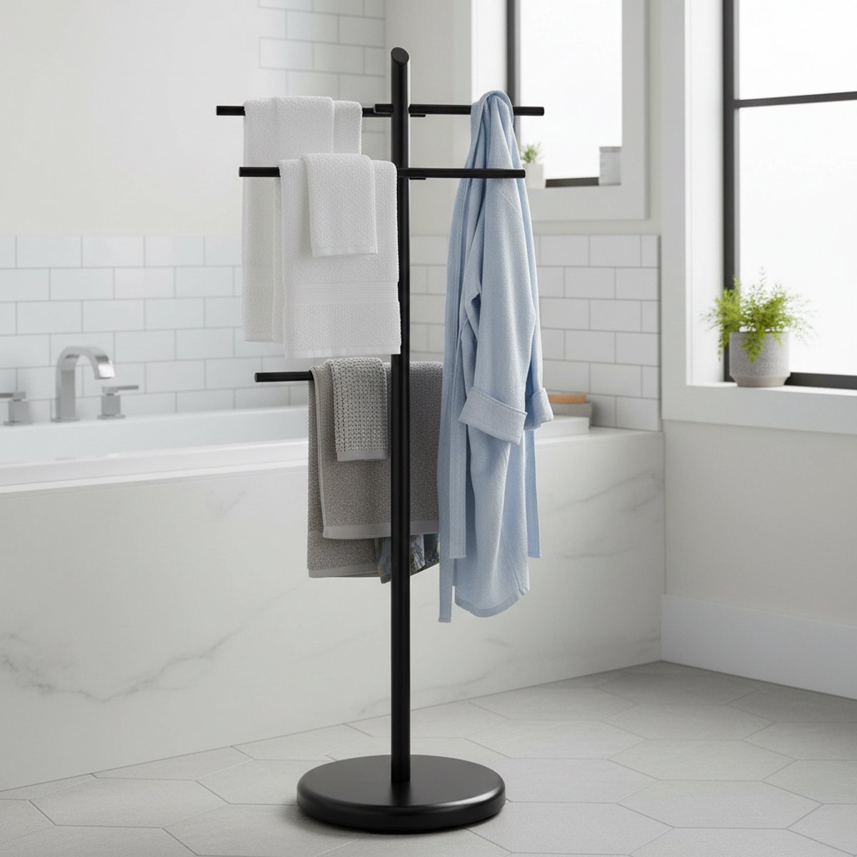 CHIWIN Vrijstaande Handdoekhouder Badkamer – Handdoekrek Staand – Metalen Handdoekstandaard Voor Handdoeken En Kleding – Roestbestendig – Zwart