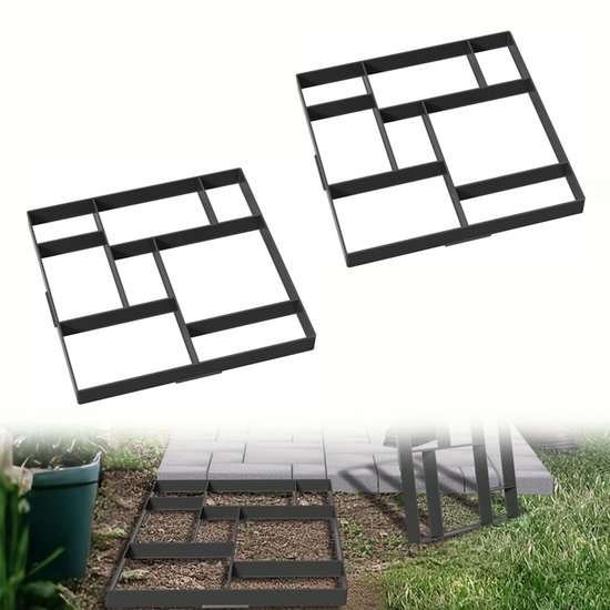 Aufun 2x vierkante Diy-Bestratingssteenmal - 8 Holtes - Zwart - Betonmal 50 X 50 X 4,5 cm - Geschikt Voor Tuinsjablonen, Bestratingsstenen, Tuintreden, Terrastegels, Betonmallen