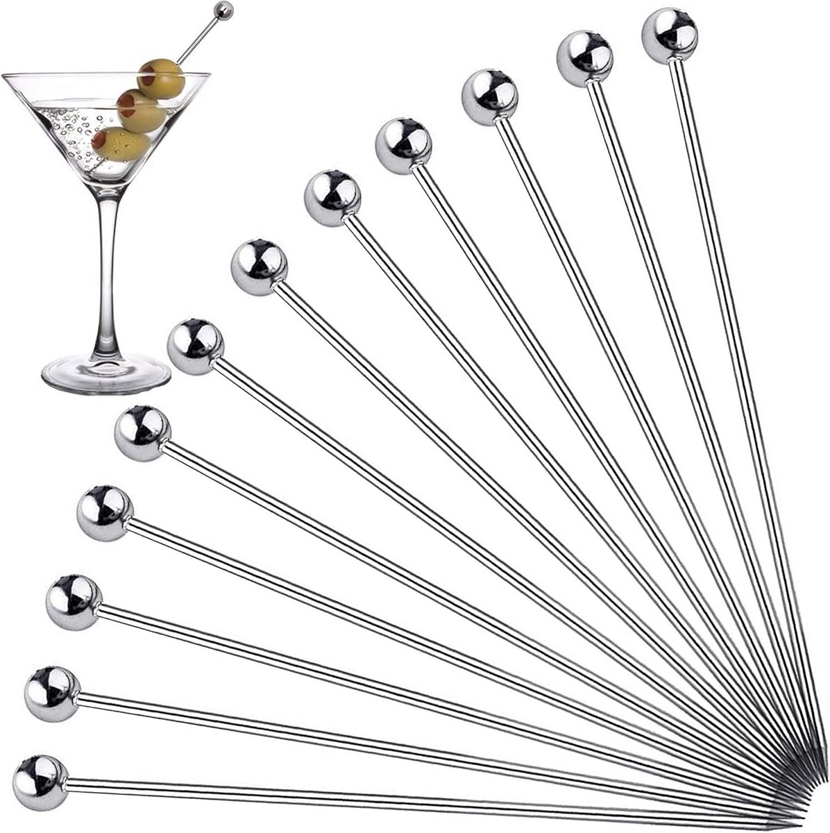 Cocktailprikkers RVS voor Drankjes en Amuses - Set van 12 Zilveren Martini Spiesjes