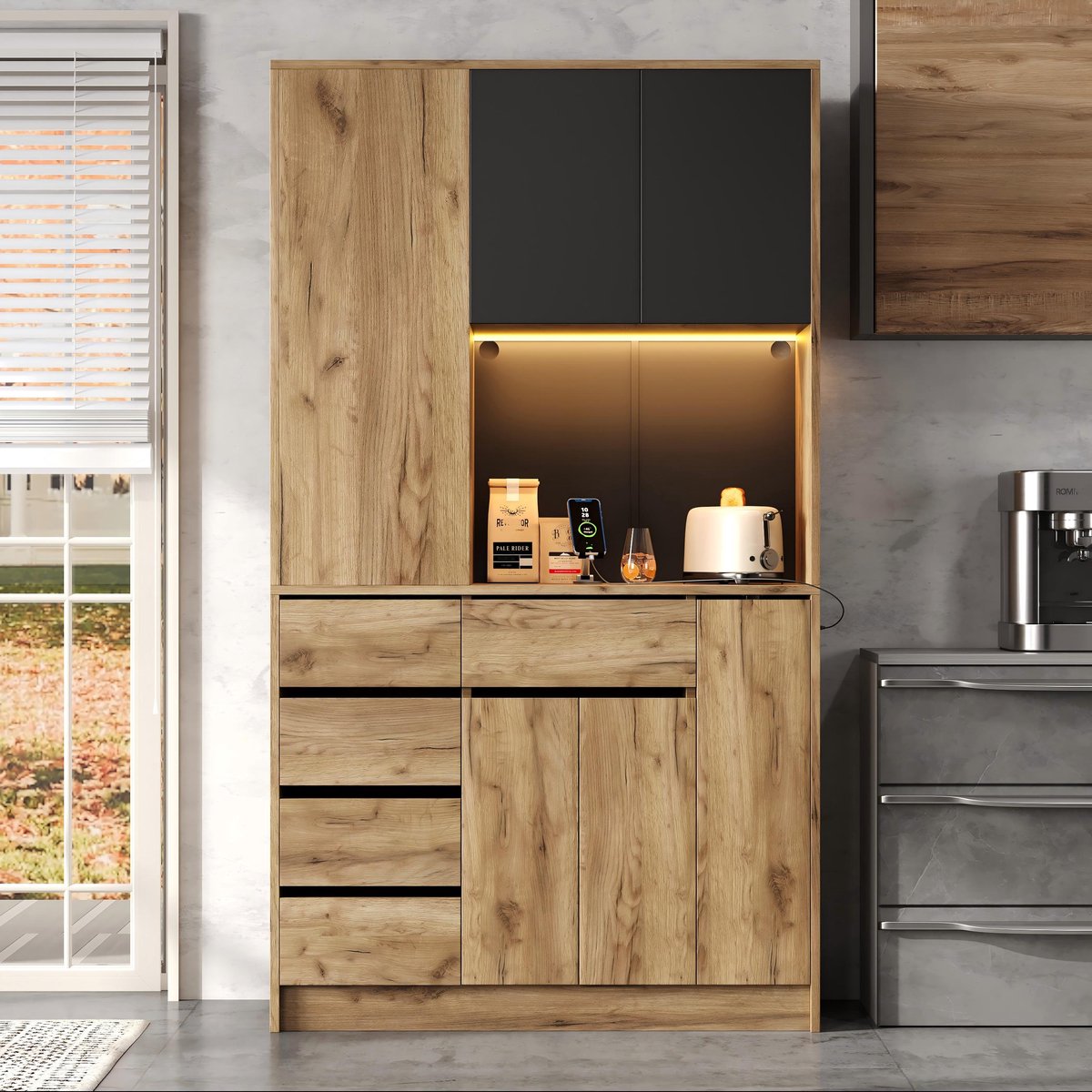 Keukenkast - 185x105x40 cm - Met Kruidenrek - LED-Verlichting en Stopcontact - Hout - Wit
