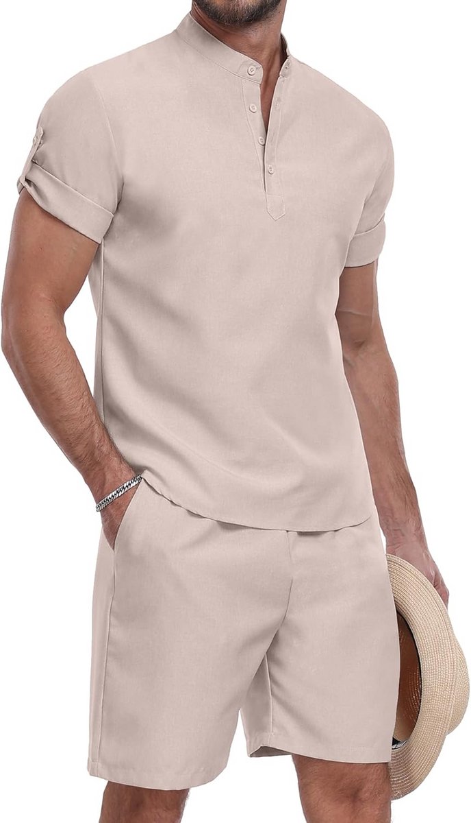 Heren Zomer Outfit 2-Delig: Korte Mouw Henley Shirt en Casual Strandshorts