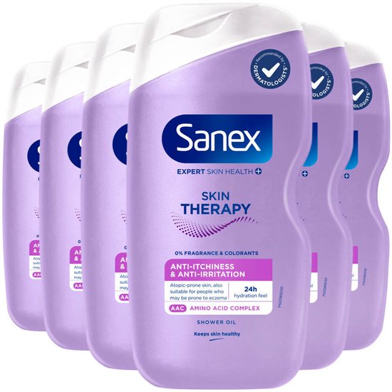 Voordeelverpakking van zes Sanex Skin Therapy douche-olie flessen, paars en wit.