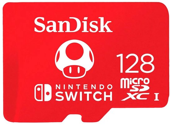 Rode SanDisk 128GB microSDXC kaart voor Nintendo Switch met paddenstoelpictogram.