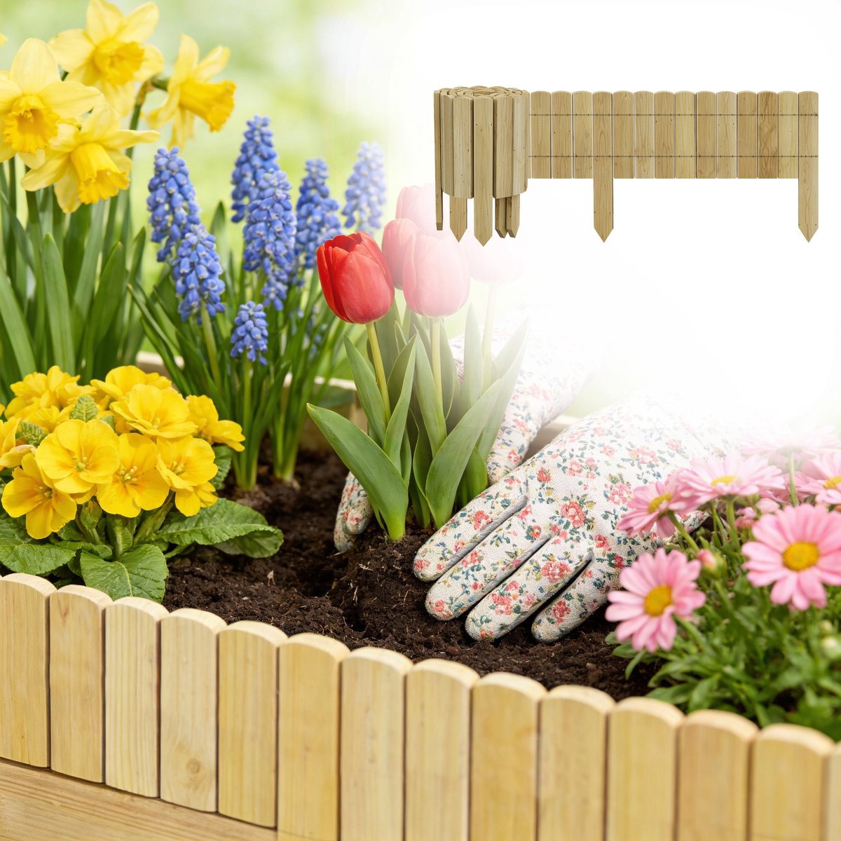 Aufun Flexibele grenenhouten schutting, tuinranddecoratie - 10×200 cm Natuurlijke houtkleur - Geschikt voor het markeren van paden, tuin- en gazongrenzen.