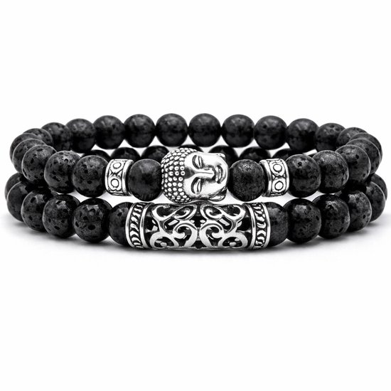 Bracelet Perles Memphis Homme Pierre de Lave et Bouddha Zwart