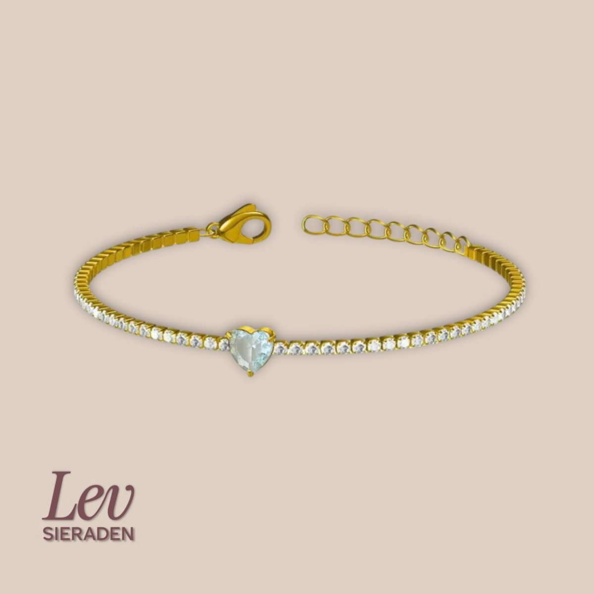 Lev Sieraden - klassieke Tennisarmbandje in goud met Zirkonia en lightblauw hartje - 17.8+3cm - Armband - Hartjes steen - RVS Goud plated