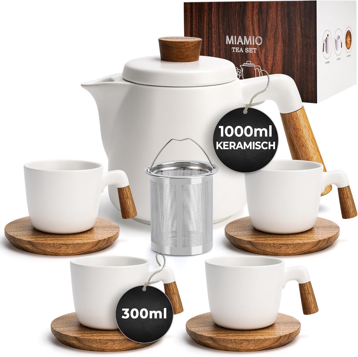 ACEP 1000 ml Keramische theepot set - 4 Koppen - 4 Bamboe schotels - Theepot - Thee - WIT - Theeset - Theeglazen - Theezeef