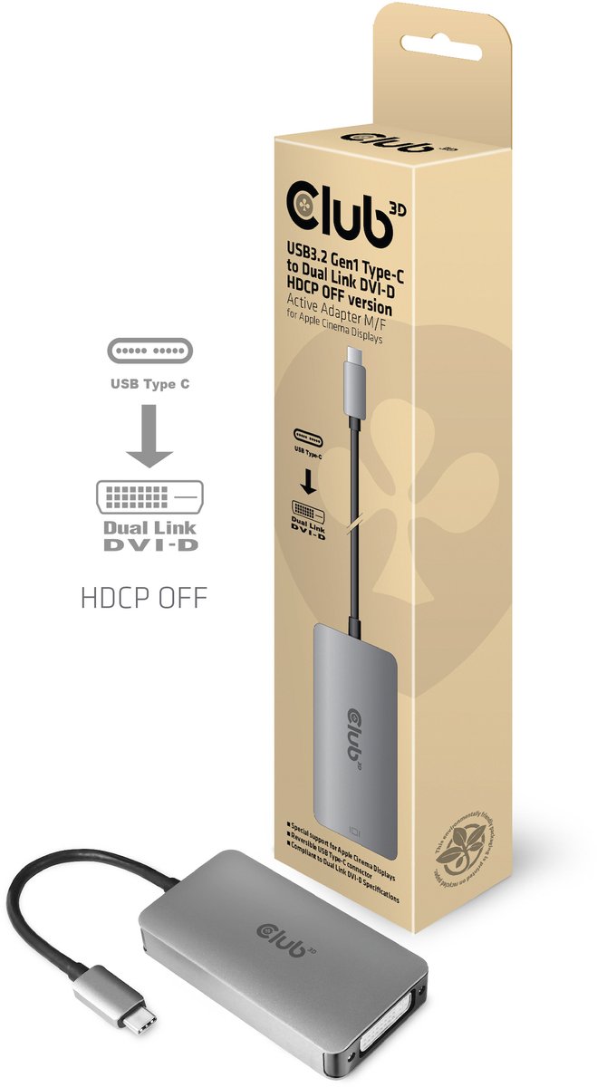 Club 3D USB-C® naar Dual Link DVI-D HDCP UIT versie Actieve adapter M/V voor Apple Cinema Displays