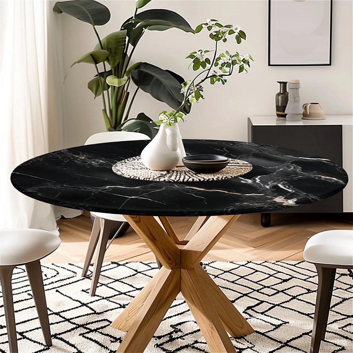 Ronde Tafelkleed voor Buiten met Elastiek, Pasvorm 137-152 cm, Marmerlook