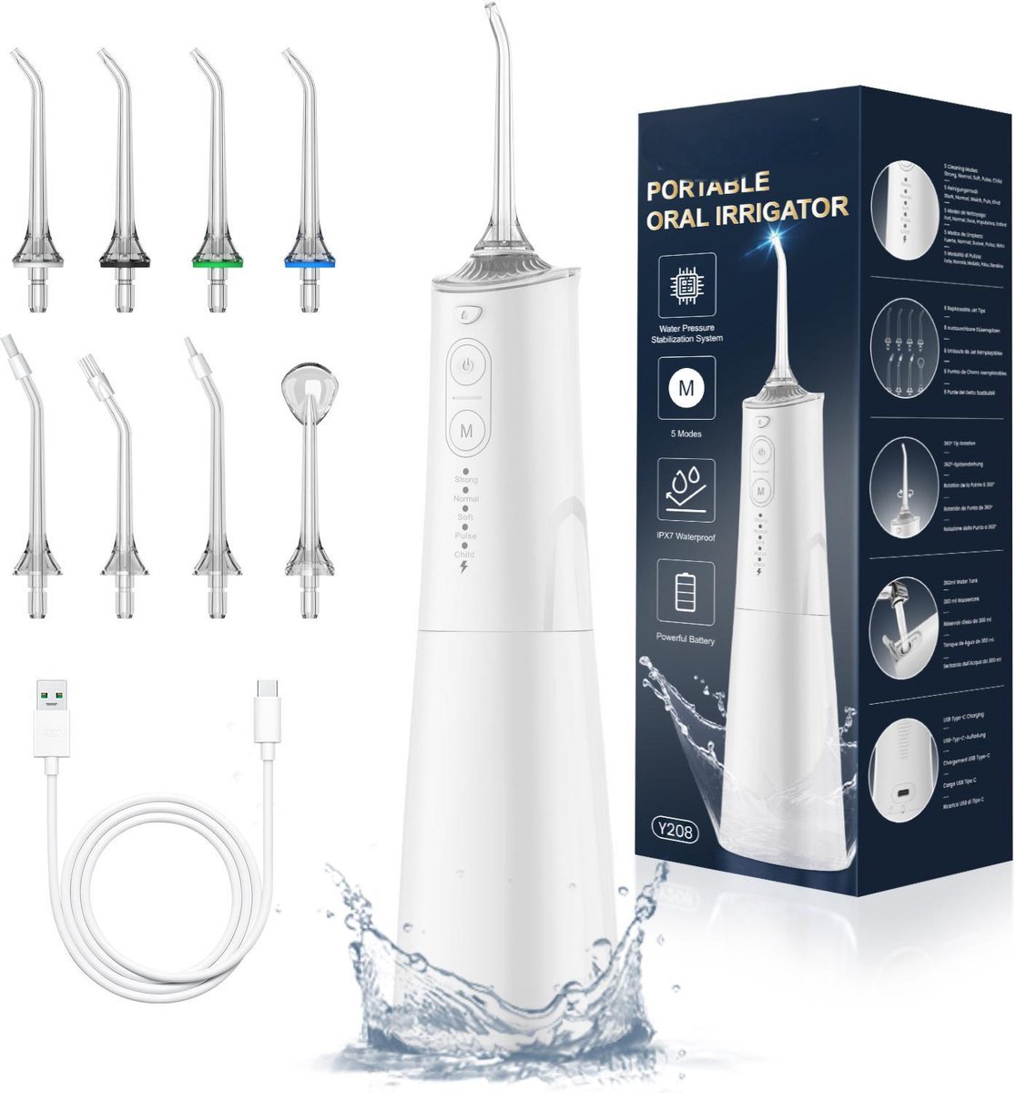 Waterflosser-Monddouche-Draagbare Mondirrigator-Tandirrigator met 8 Nozzles en 5 Standen-Waterdicht 300ML USB-C Oplaadbaar -WIT.