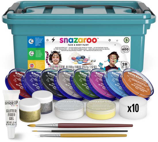 Boîte turquoise ouverte de peinture pour le visage avec 12 pots de peinture, paillettes, pinceaux, éponges et gel fixateur de paillettes.