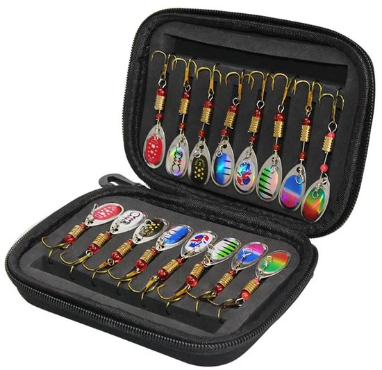 WiseGoods Premium Blinkerset avec boîte de rangement 16 pièces - Leurre de pêche pour poissons carnassiers / truite / brochet et perche - Accessoires de pêche