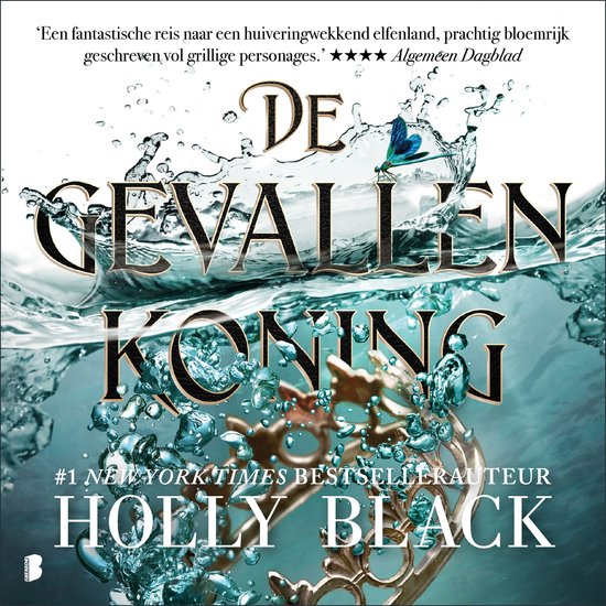Boekomslag 'De Gevallen Koning' door Holly Black. Gouden kroon zinkt in blauw water met bubbels. Een libel rust op de titel.