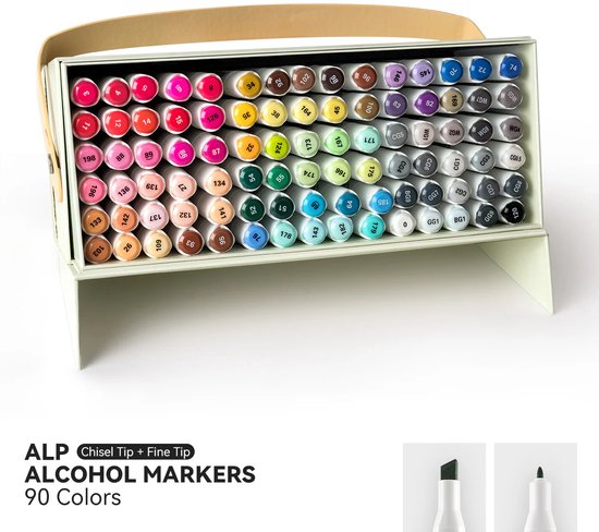 Een doos met 90 markers, met een close-up van de chisel- en fijne punten.
