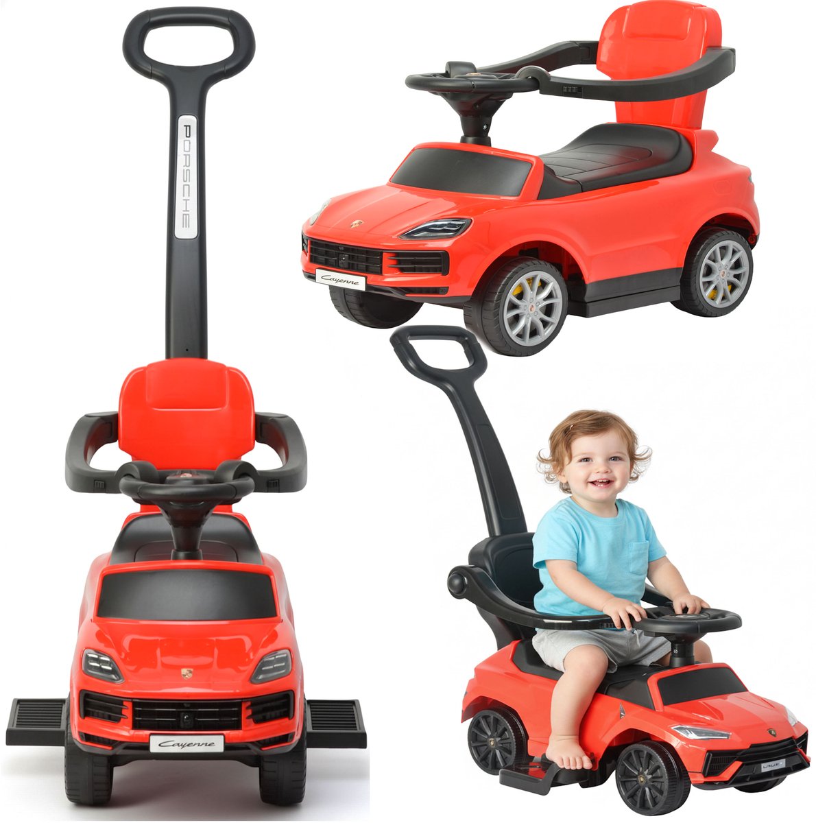 COIL Loopauto Porsche Cayenne – 3-in-1 Kinder Loopauto met Duwstang - Baby Loopwagen met Stuur - vanaf 1 jaar - Rood