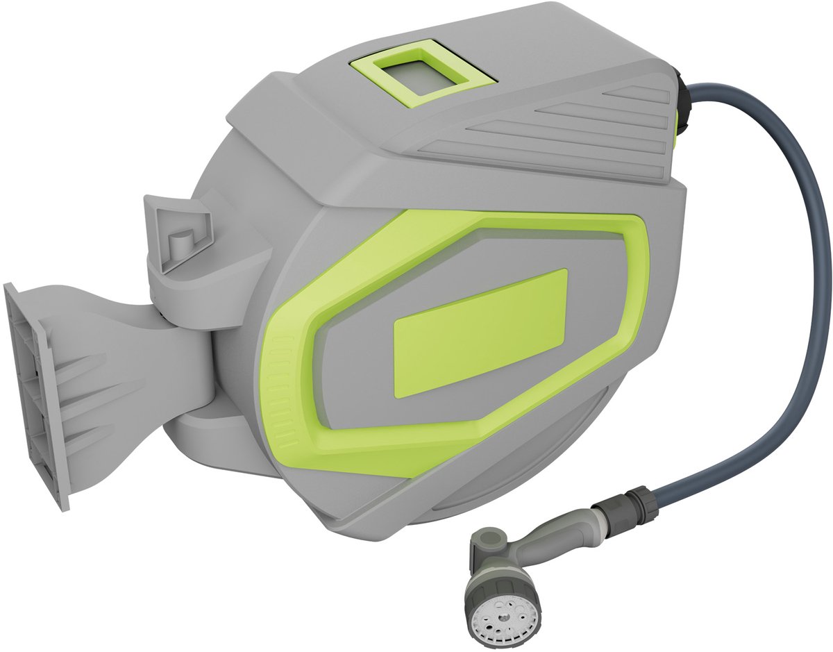 Slanghaspel voor water, 28+2 m, met 180° draaibare houder en 10 sproeistanden, slanghaspel voor wandmontage, slangbox met automatisch oprolmechanisme voor tuin, gazon en autowassen, grijs-gee,NAIZY