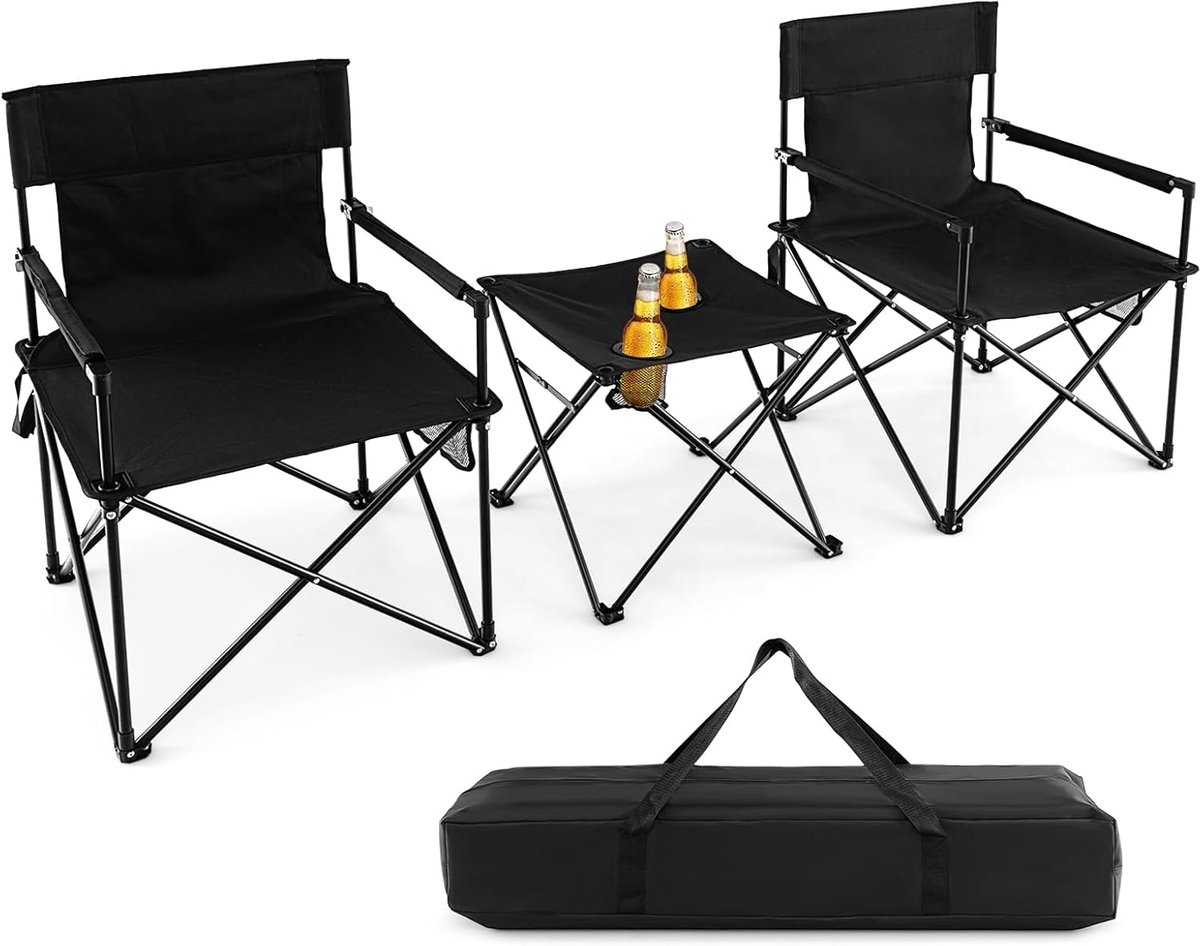 KOMFOTTEU Vouwstoel, campingstoel met klaptafel, oversized visstoel, visstoel met campingtafel incl. bekerhouder en draagtas, 3-delige campingmeubelset voor camping, picknick, zwart