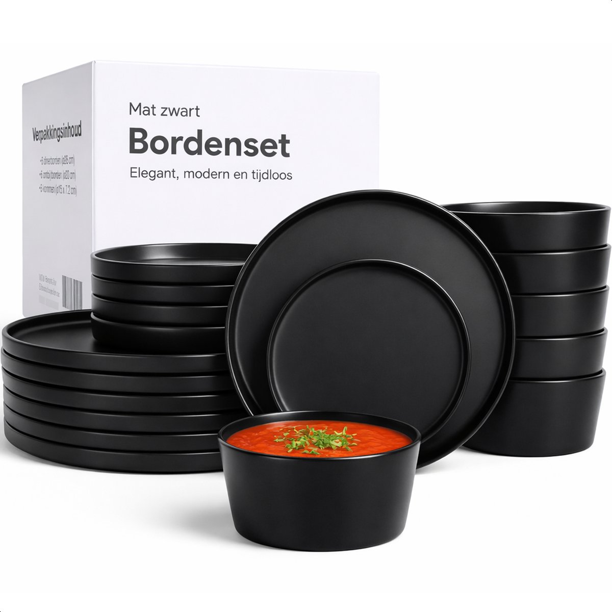 Luft Serviesset 6 Persoons - Bordenset - Kommen - Eetborden - Modern - Massief Aardewerk, Keramiek - Mat zwart - 18 delig