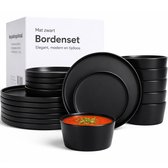 Konsimo EPIRI Serviesset voor 6 personen, 18-delige set, modern tafelservies en serviesset, combiservies voor 6 personen, aardewerk servies voor familie, servies zwart mat