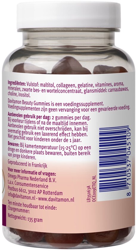 Achterkant van een pot Davitamon Beauty Gummies met ingrediënten en gebruiksinstructies.