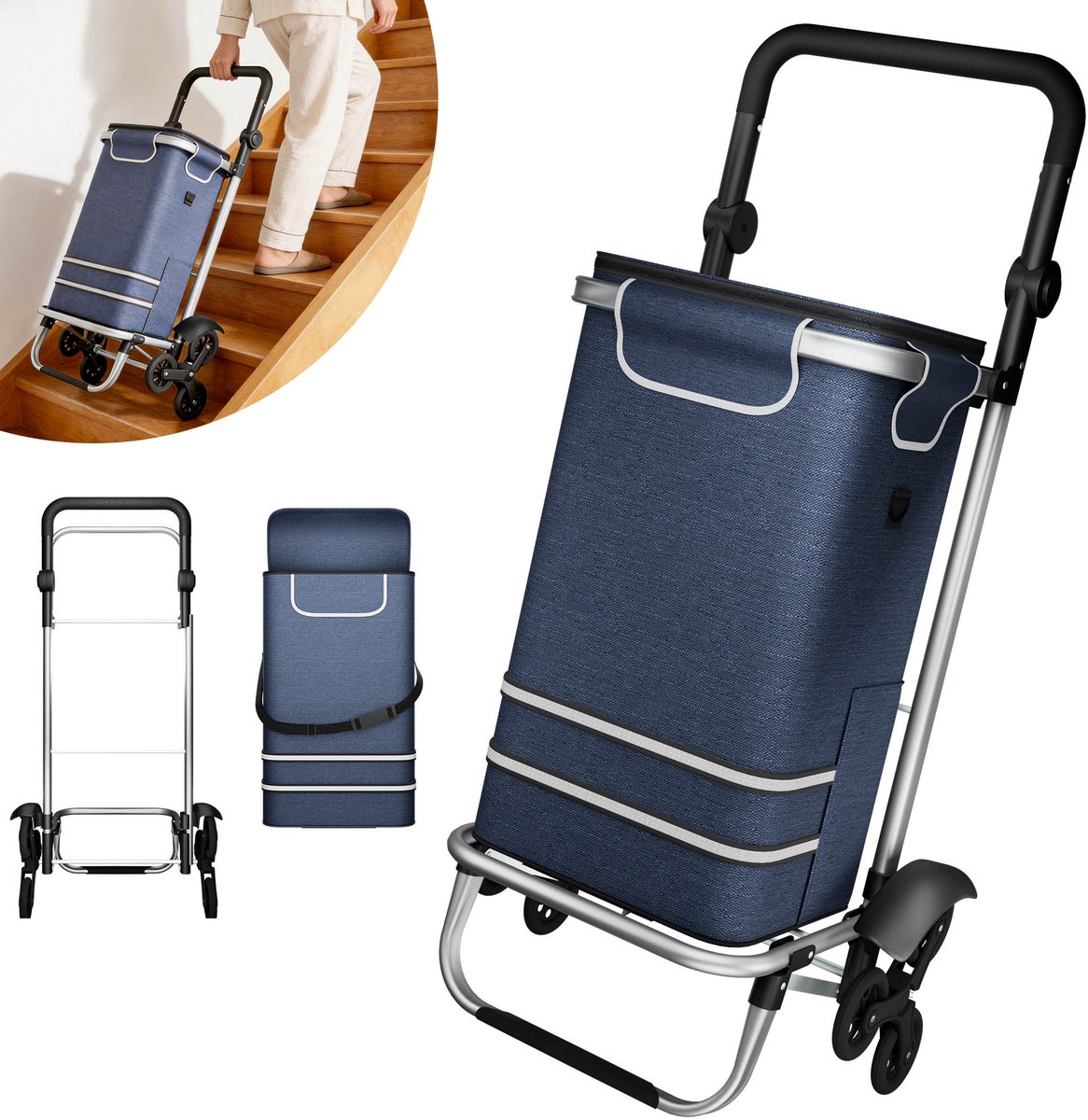 Froadp Drievoudig opvouwbare boodschappenwagen met koelvak, met drie wielen, blauw