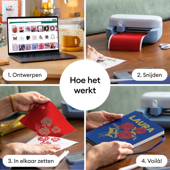 Collage van vier stappen die laten zien hoe je met Cricut Joy ontwerpt, snijdt, overzet en een afgewerkt product maakt.