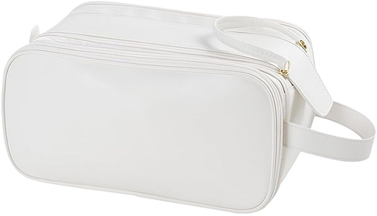 Toilettas - Heren & Dames - 3-Laags Reis Cosmetische Tas - Draagbare PU-Leer Organizer met Handvat - Waterdichte Oxford Stof - Grote Capaciteit Beautycase - Wit
