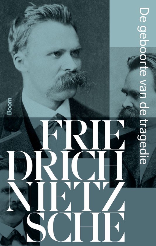 Boekomslag met portretten van Friedrich Nietzsche en tekst "De geboorte van de tragedie"